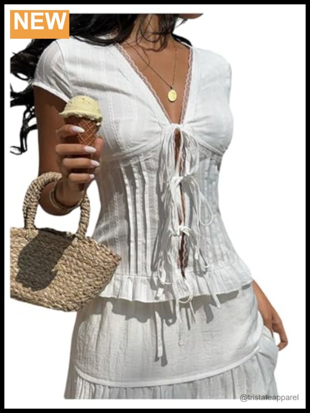 Lace Trim Deep V Neck Blouse Tie Front Cap Sleeve Ruffled Top